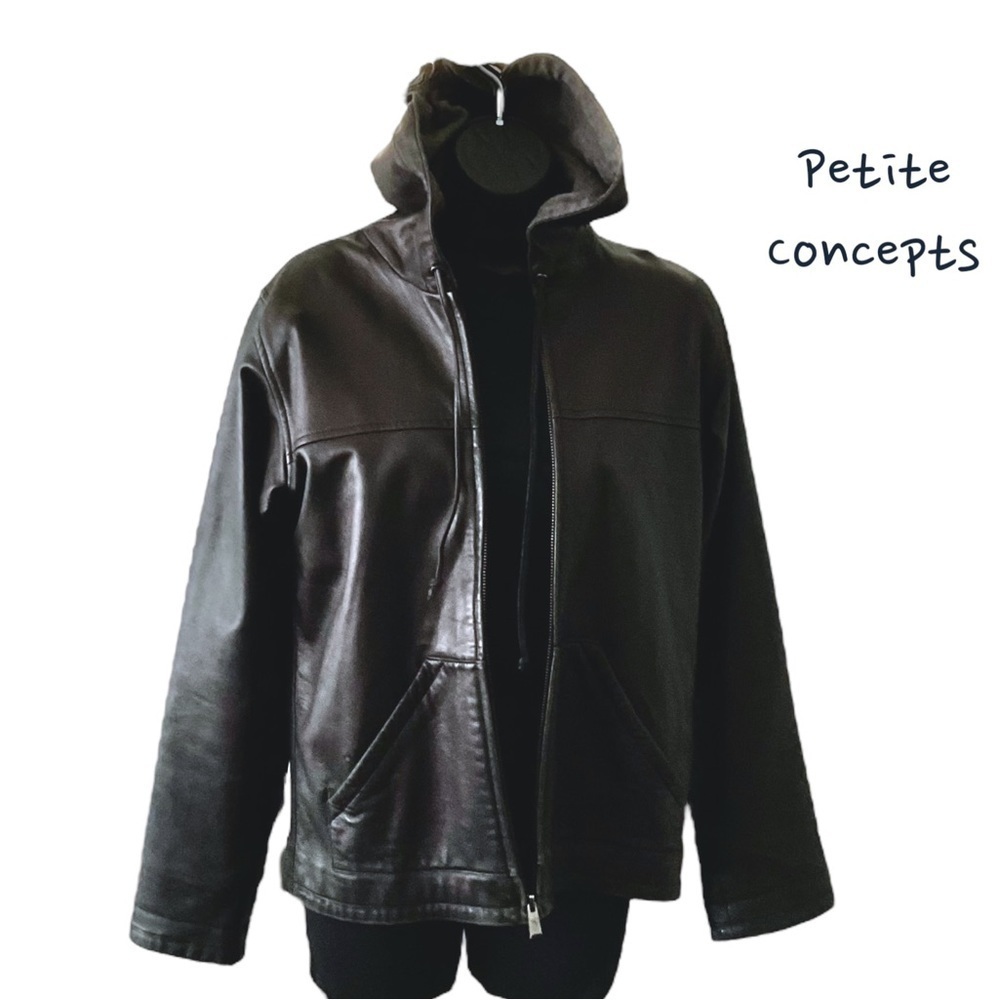 Concept Black Leather Vintage Bomber Jacket Coat Hood S Women Biker Y2K - Picture 2 of 15